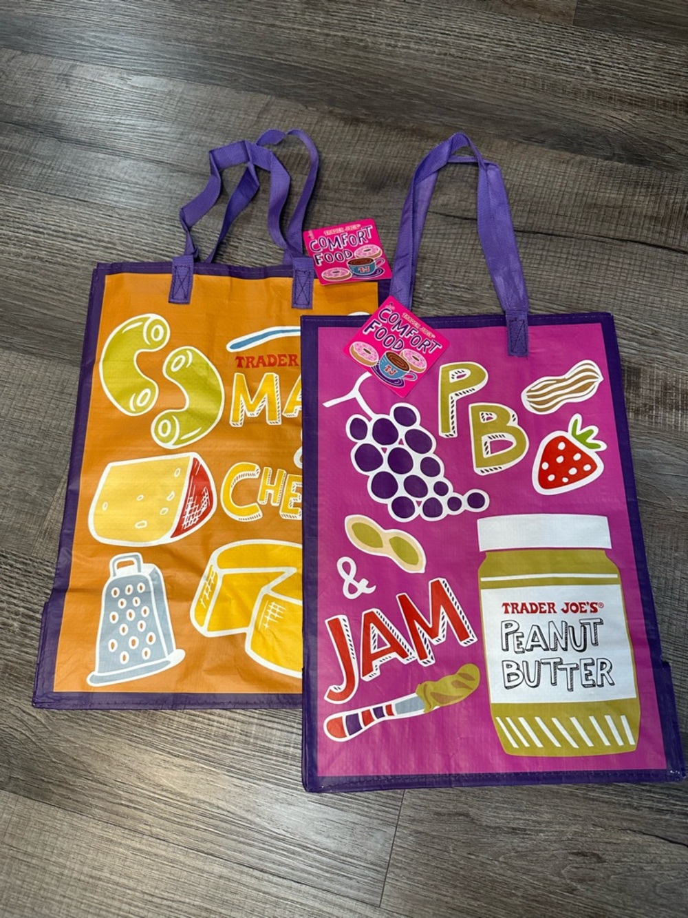 LOT of 2 NWT Trader Joe's Reuseable Tote Mac & Cheese PB & Jam Comfort Food Bags